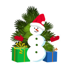 Snowman standing near Christmas tree and gifts