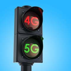 Traffic light with green light 5G on sky background.
