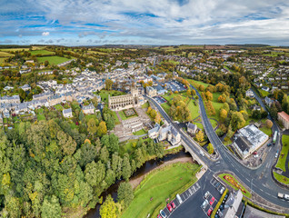 Aerial view of Jedburgh in autumn with the ruins of Jedburgh Abbey in Scotland