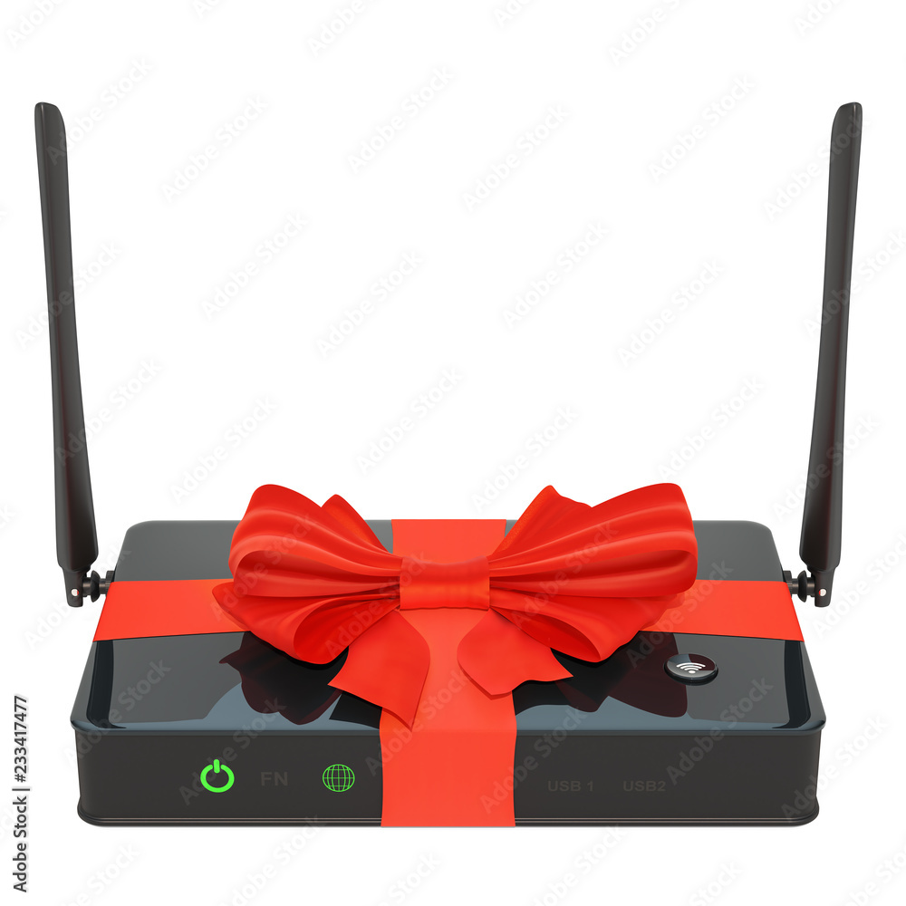 Poster wireless internet router with ribbon and bow, gift concept. 3d rendering