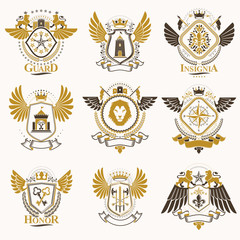 Collection of vector heraldic decorative coat of arms isolated on white and created using vintage design elements, monarch crowns, pentagonal stars, armory, wild animals.