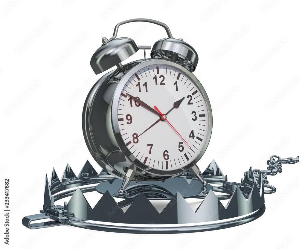 Poster alarm clock inside trap, 3d rendering