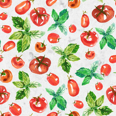 Seamless watercolor surface pattern from fresh ripe tomatoes and green basil on light textured background. Fresh tomatoes flat lay, view from above.