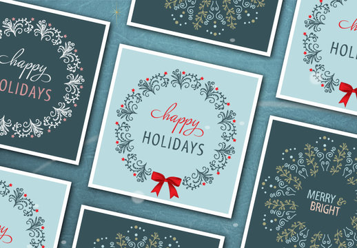 Square Christmas  Card Layout Set with Intricate Wreath Illustrations