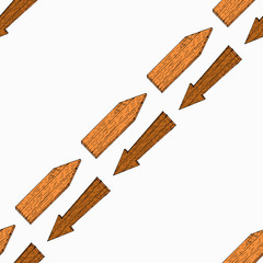 Seamless pattern with wooden arrows. Vector illustration of a background of arrows. Hand drawn wooden texture arrows.