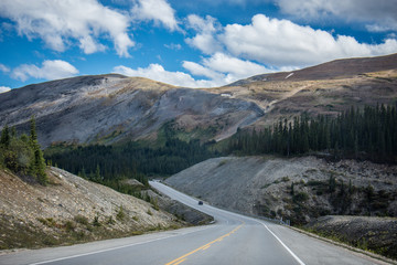 Highway road in the Icefields Parkway in Jasper and Banff National Parks in Alberta Canada, in the Canadian Rockies