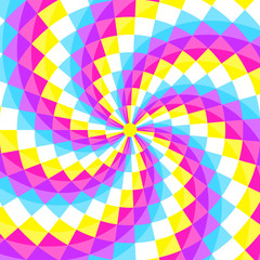 Abstract geometic background, festive pattern with different shapes in spiral, hypnotizing circle.
