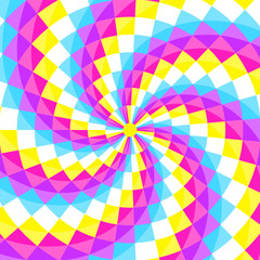 Abstract geometic background, festive pattern with different shapes in spiral, hypnotizing circle.