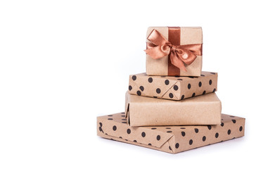 Gift boxes on white background. Gift box with ribbon and bow. Copy space