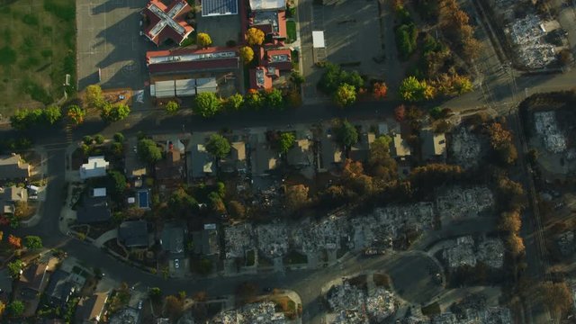 Aerial view homes devastated by wildfires California America