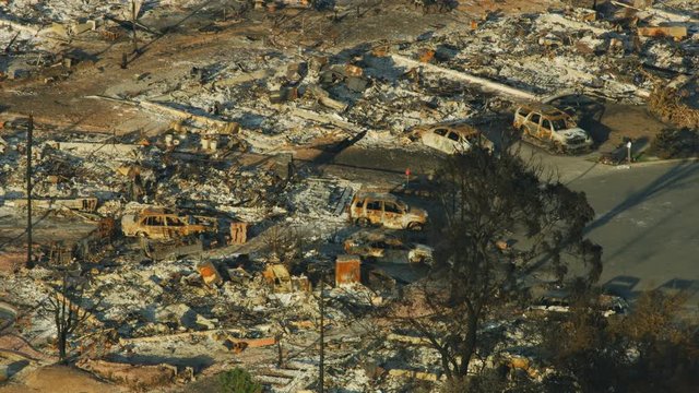 Aerial view of wildfire devastation rural community California