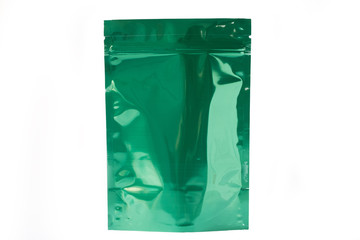 shiny green doypack stand up packaging pouch with zipper on white background