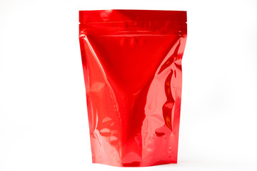 shiny red doypack stand up pouch with zipper on white background