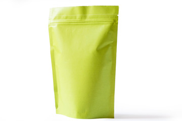 green paper doypack stand up packaging pouch with zipper on white background