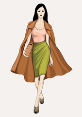 Walking woman in brown trench coat, wearing green (pepper stem) skirt, nude pink top, clutch and shoes (wedge) with leopard print on. Fashion vector illustration.