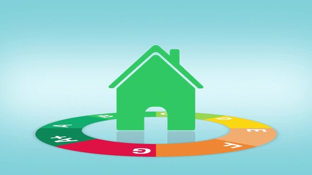 circular chart about energy efficiency that rotate on itself, at the centre a stylized house that change color, copy space, seamless loop (3d render)