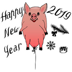 Piggy - flying balloon and 2019 celebratory lettering with vector elements for design of New Year and winter cards, invitations, stickers