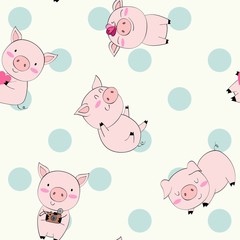 hand drawn vector seamless pattern with pigs.
