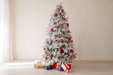 Xmas new year gifts and toys tree winter background