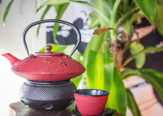 red zen tea pot sitting on wooden table great for relaxing, happiness, joy and mindfulness. green house plant sits behind tea