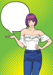 smiling woman gesture presenting something