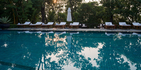 Swimming pool at a tourist resort, AnandaIn the Himalayas, Narendranagar, Tehri Garhwal, Uttarakhand, India