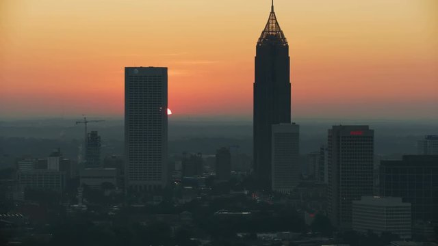 Dawn sunrise aerial Mid downtown business district Atlanta