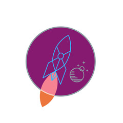 Graphic rocket in circle with a line graphic planet in the background.