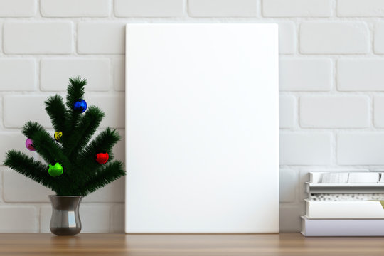 Mock up poster frame on the table with Christmas tree branches, 3D render 