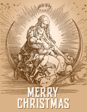 Virgin Mary embrassing Christ in engraver illustration