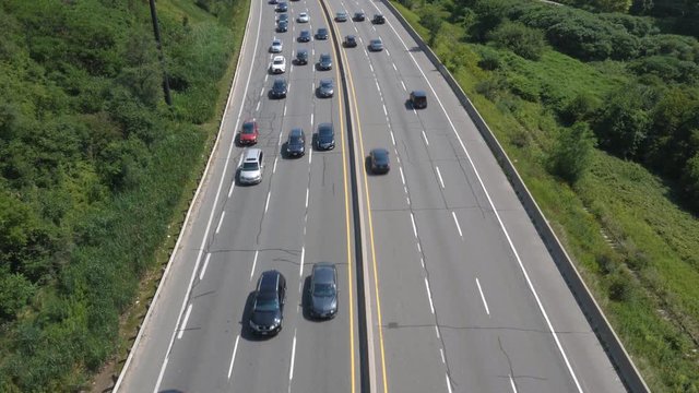 Overhead view of Don Valley Parkway. Summer in Toronto, Canada. Handheld shot with stabilized camera.