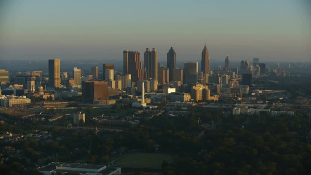 Aerial dawn sunrise downtown skyscraper business district Atlanta