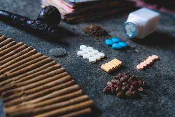 Low angle view of drugs on table during