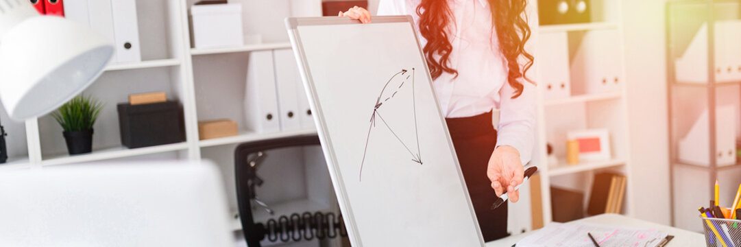 A beautiful young girl stands near an office desk and draws a magnetic marker on the magnetic board.