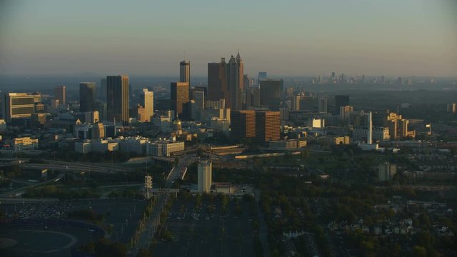 Dawn sunrise aerial downtown skyscraper business district Atlanta