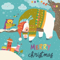 Obraz premium Vector Christmas card with sleeping polar bear and little owl