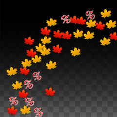 Vector Percentage Sign and Autumn Leaves Confetti on Transparent Background. Percent Sale Background. Business, Economics, Finance Print. Discount Illustration. Promotion poster. Black Friday Banner. 