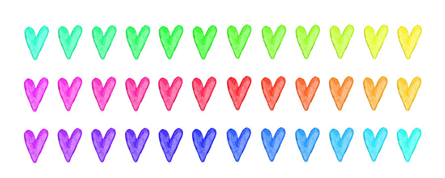 Rainbow watercolor hearts. Isolated illustration.