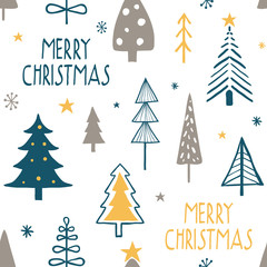 Merry christmas seamless pattern with simple minimalist trees and hand written text. Doodle forest cartoon background for greeting cards, fabric or wrapping paper designs.  Holiday, new year