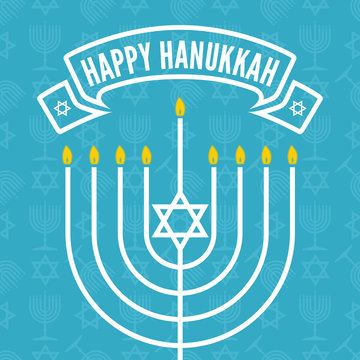 Happy Hanukkah poster or greeting card with menorah. Vector illustration