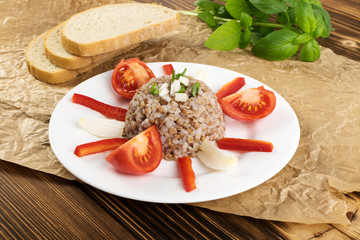 Buckwheat Porridge or Russian Kasha on Wood Rustic Background