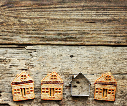 Christmas Gingerbread House Cookies On Wooden Background Top View