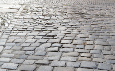 Grey Old Stone Pavement Top View or Granite Cobblestone Road