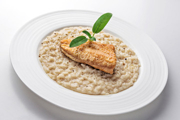 Dish of Parmesan risotto with fish fillet