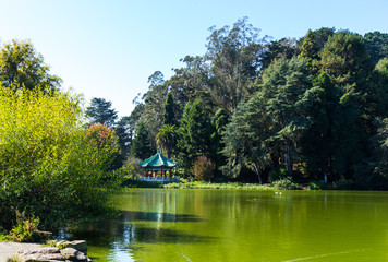 The green lake and Chinese pavilion view in the Golden Gate Park