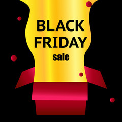 black Friday. Red box on a light black background. Flashing ornaments. Explosion of a gold box. black text on the box. Web illustration