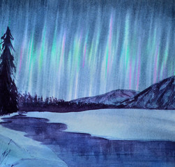 Watercolor winter landscape aurora sky in forest