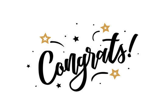 Congrats. Beautiful greeting card poster, calligraphy black text word golden star fireworks. Hand drawn, design elements. Handwritten modern brush lettering, white background isolated vector