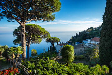 Amalfi Coast with Gulf of Salerno from Villa Rufolo gardens in Ravello, Campania