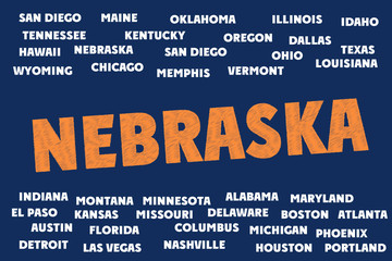 NEBRASKA Words and Tags Cloud. USA Cities and states